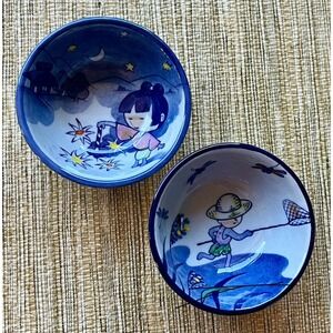 Charming Japanese Tea Cups Girl w Fireworks Boy w Dragonfly Net Small Blue Bowls